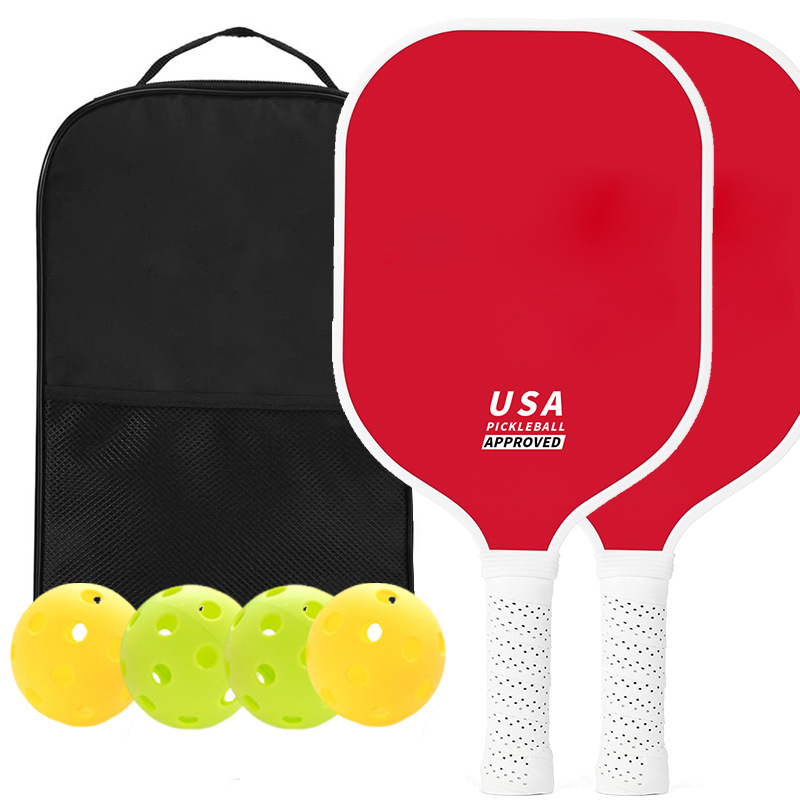 Red Fiberglass Pickleball Paddle Set - 2 Minimalist Paddles, 4 Balls, Carry Bag