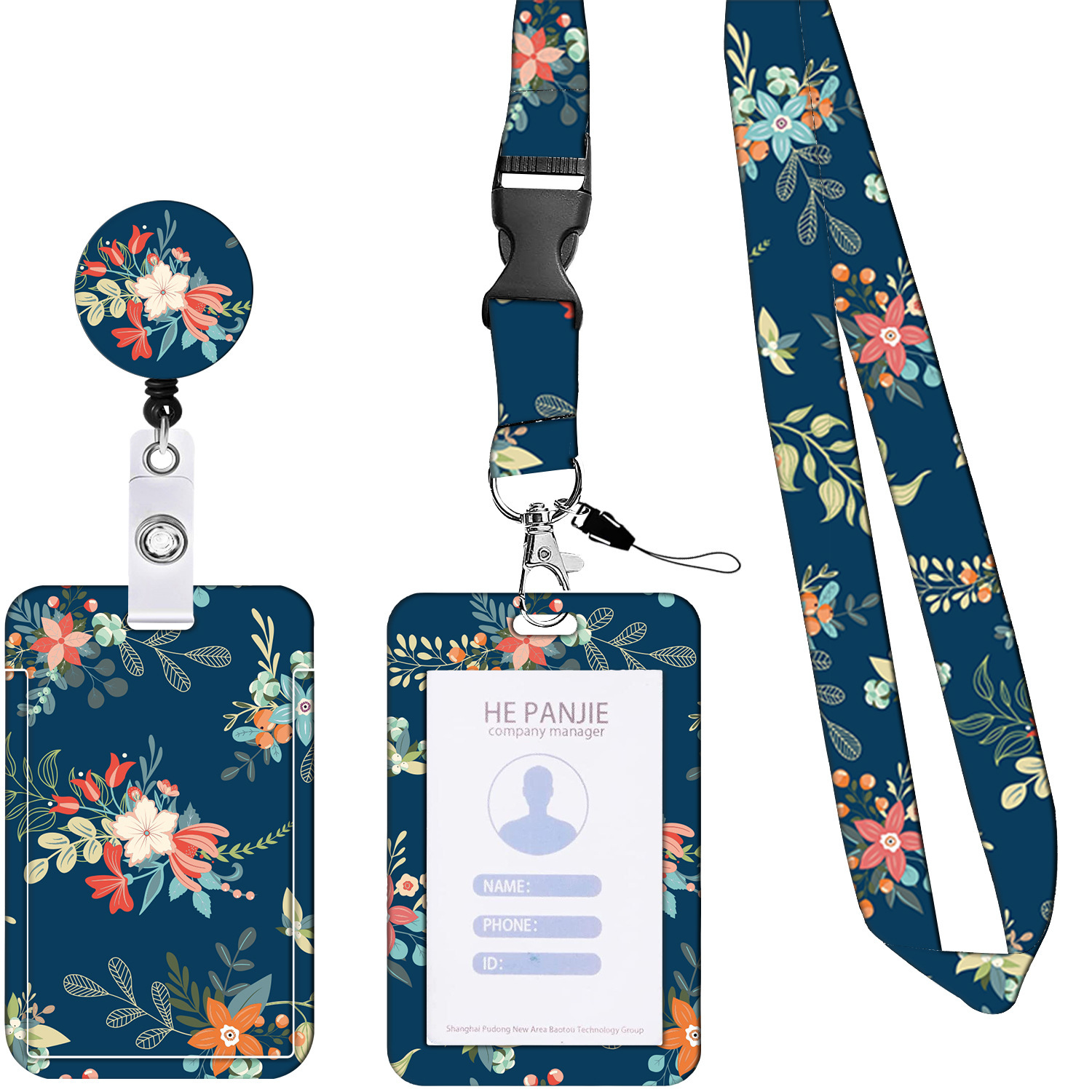2-Pack Blue Floral Pattern Retractable Badge Reel & Lanyard Set