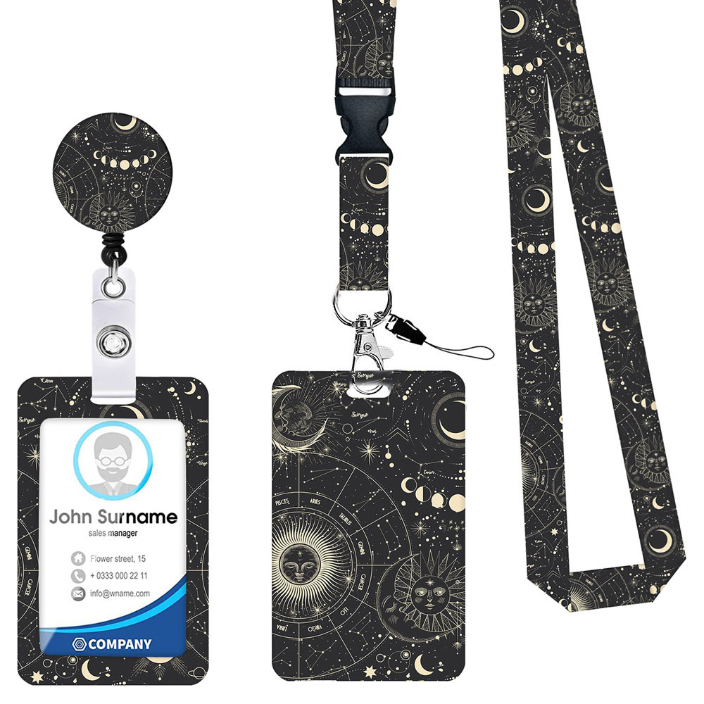 2-Pack Star & Moon Pattern Retractable Badge Reel & Lanyard Set
