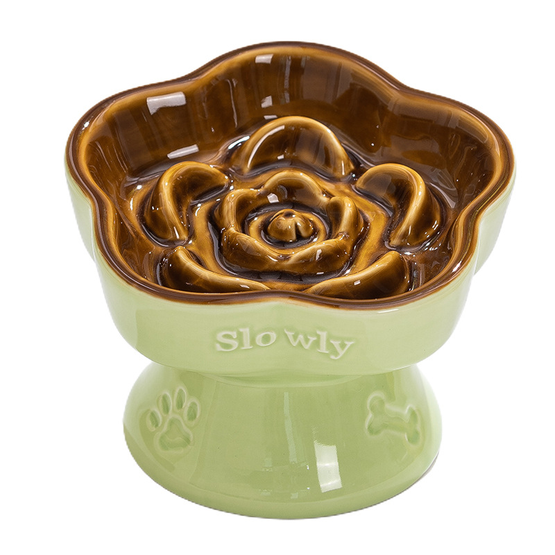 Green and Brown Ceramic Anti-Choke Slow Feeder Pet Bowl