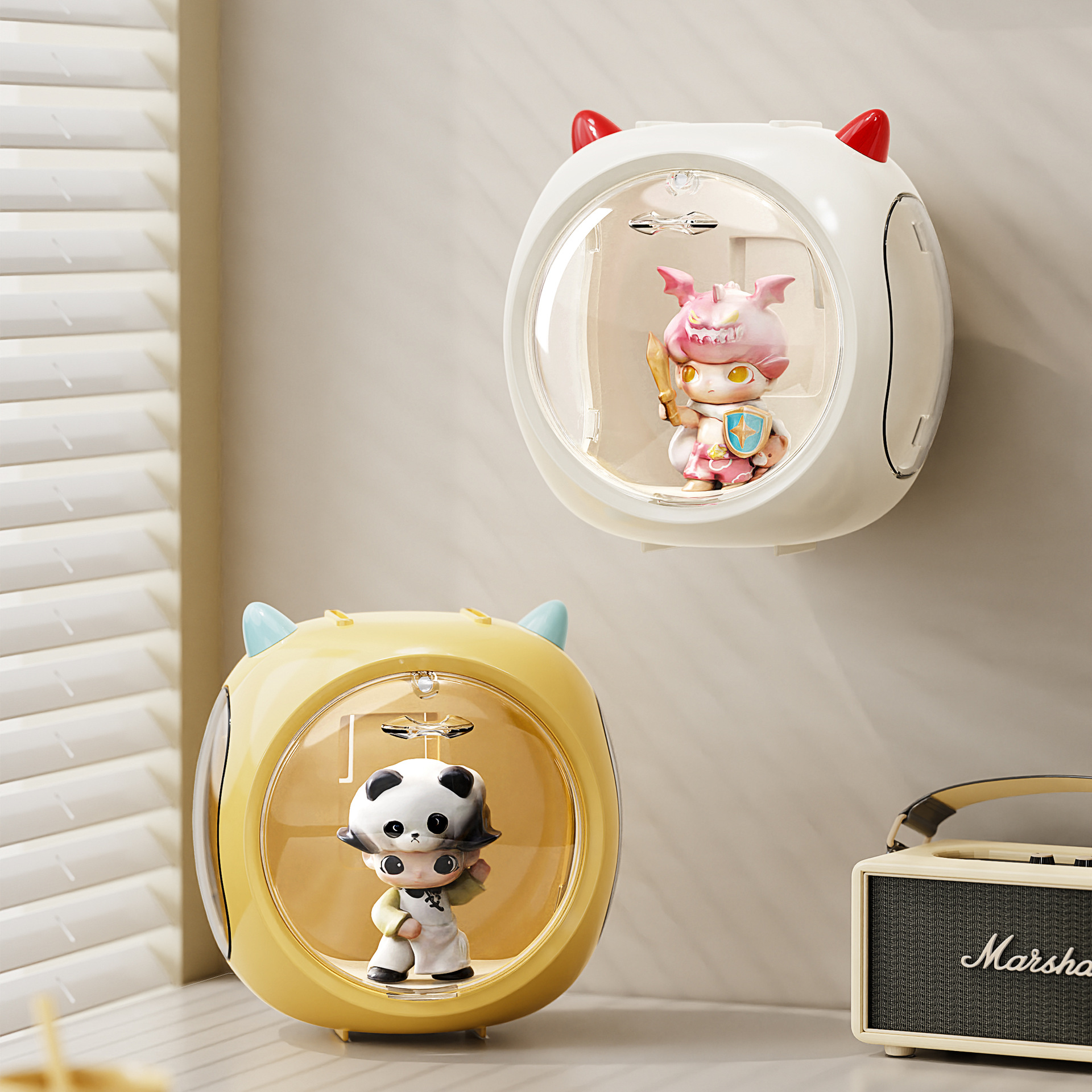 Beige and Red Horn Acrylic Blind Box Display Case - Transparent Dustproof Storage - Image 3