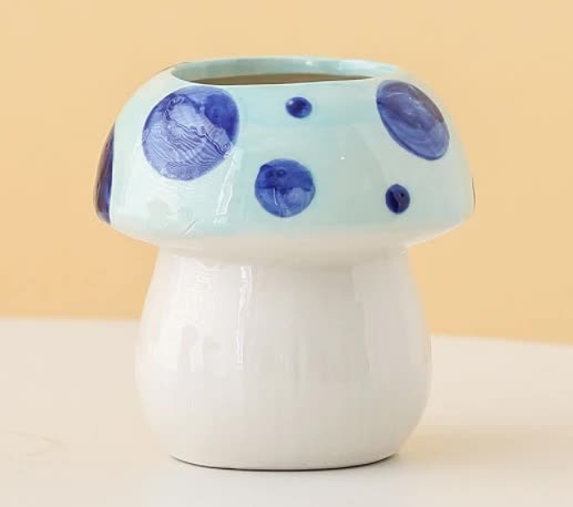 Blue Ceramic Mushroom Desk Organizer - Pen & Makeup Brush Holder