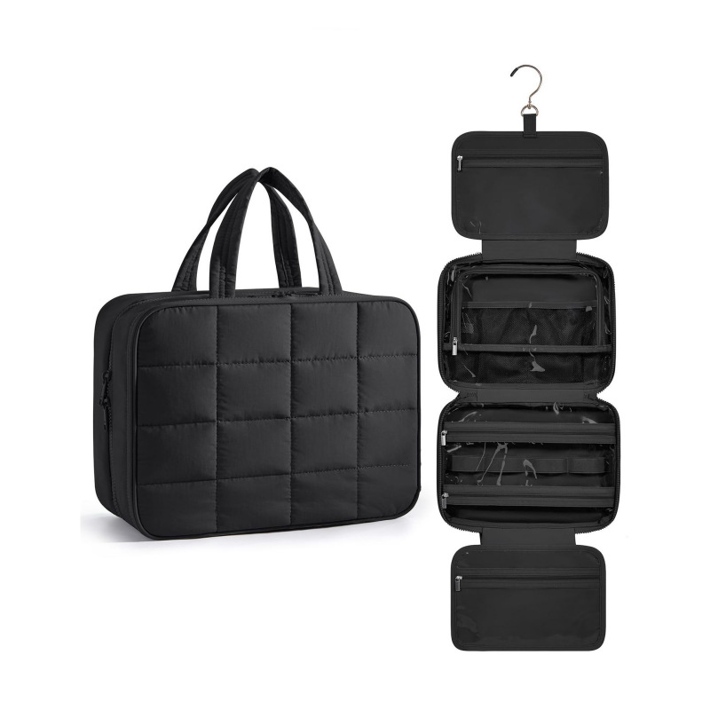 Large Black Quilted Hanging Travel Toiletry Bag & Jewelry Case