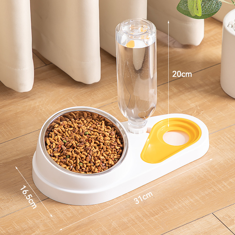 White and Yellow Stainless Steel Pet Bowl Set with Gravity Water Dispenser