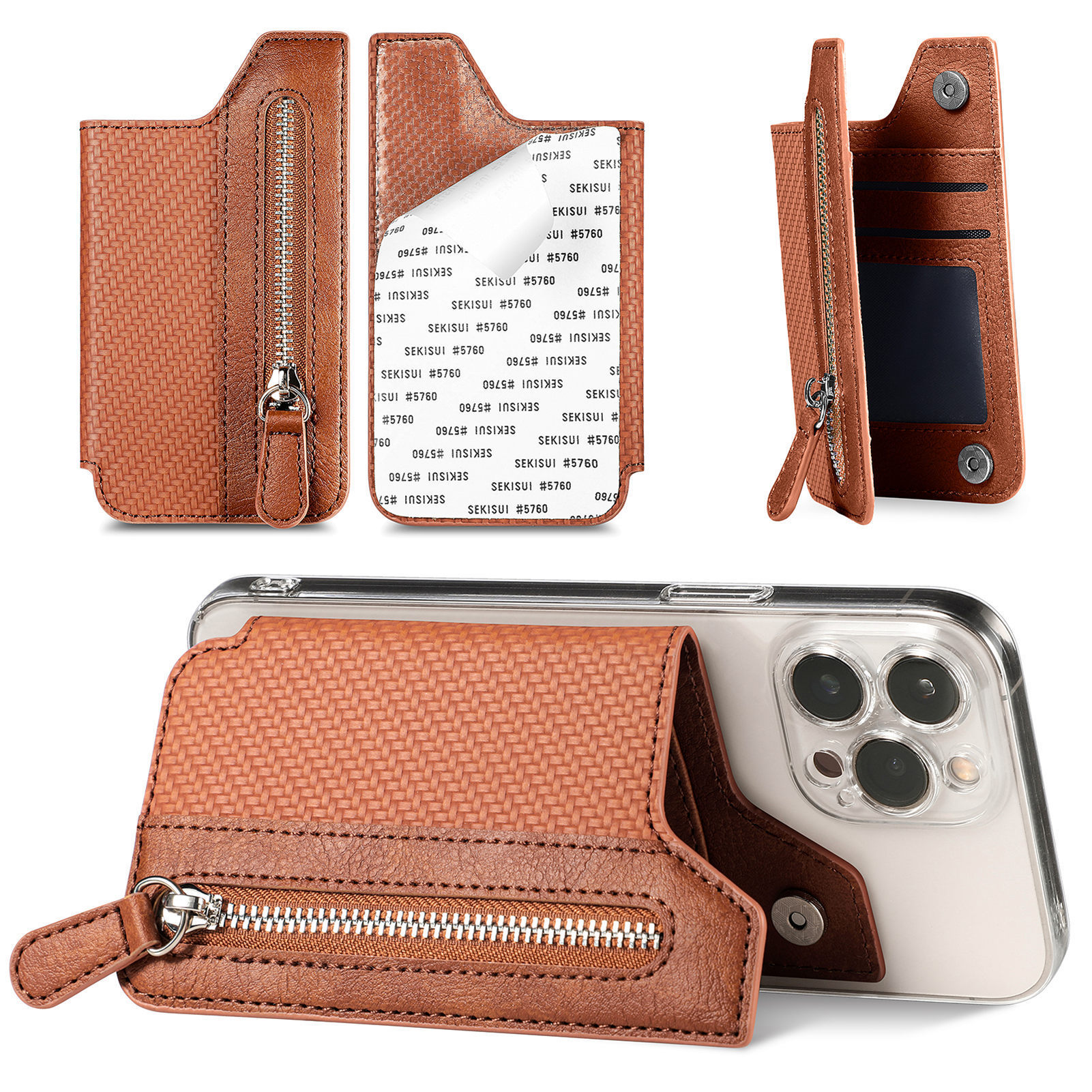 2-Pack Brown Leather Stick-On Phone Wallet Card Holder Zipper
