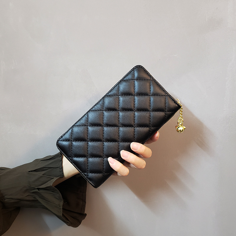 Black Checkered Quilted Diamond Stitch Long Zip Wallet