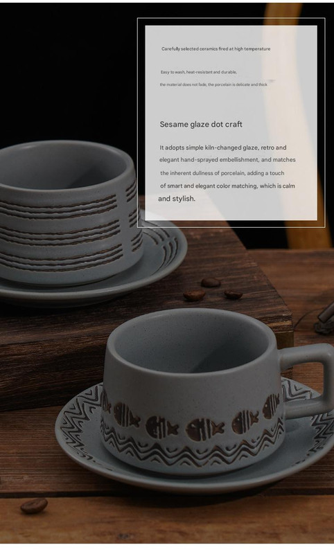 Vintage Ceramic Coffee Cup Saucer Set Wave Fish Gray - Image 4