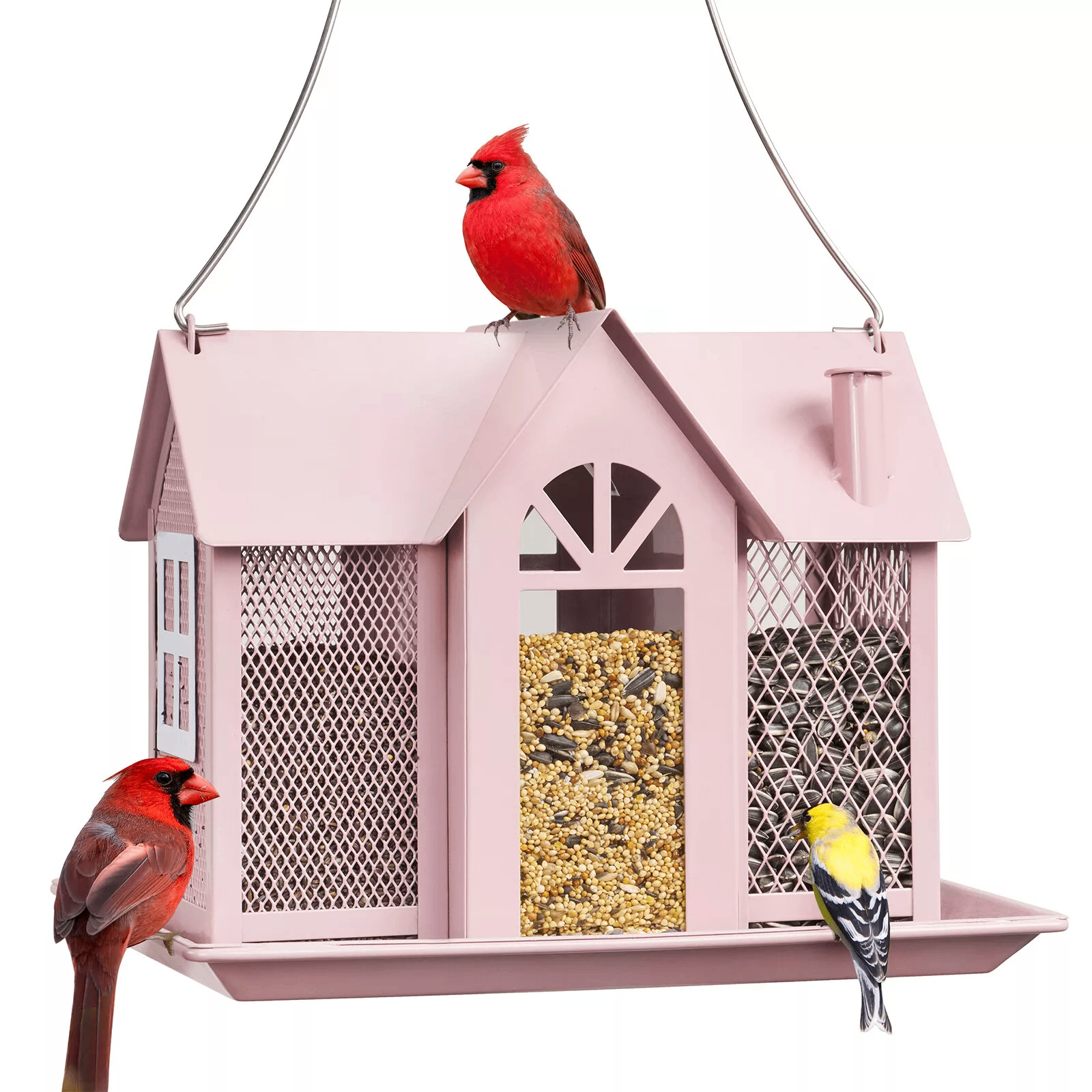 Charming Pink House-Shaped Hanging Bird Feeder - Durable Metal Design for Wild Birds