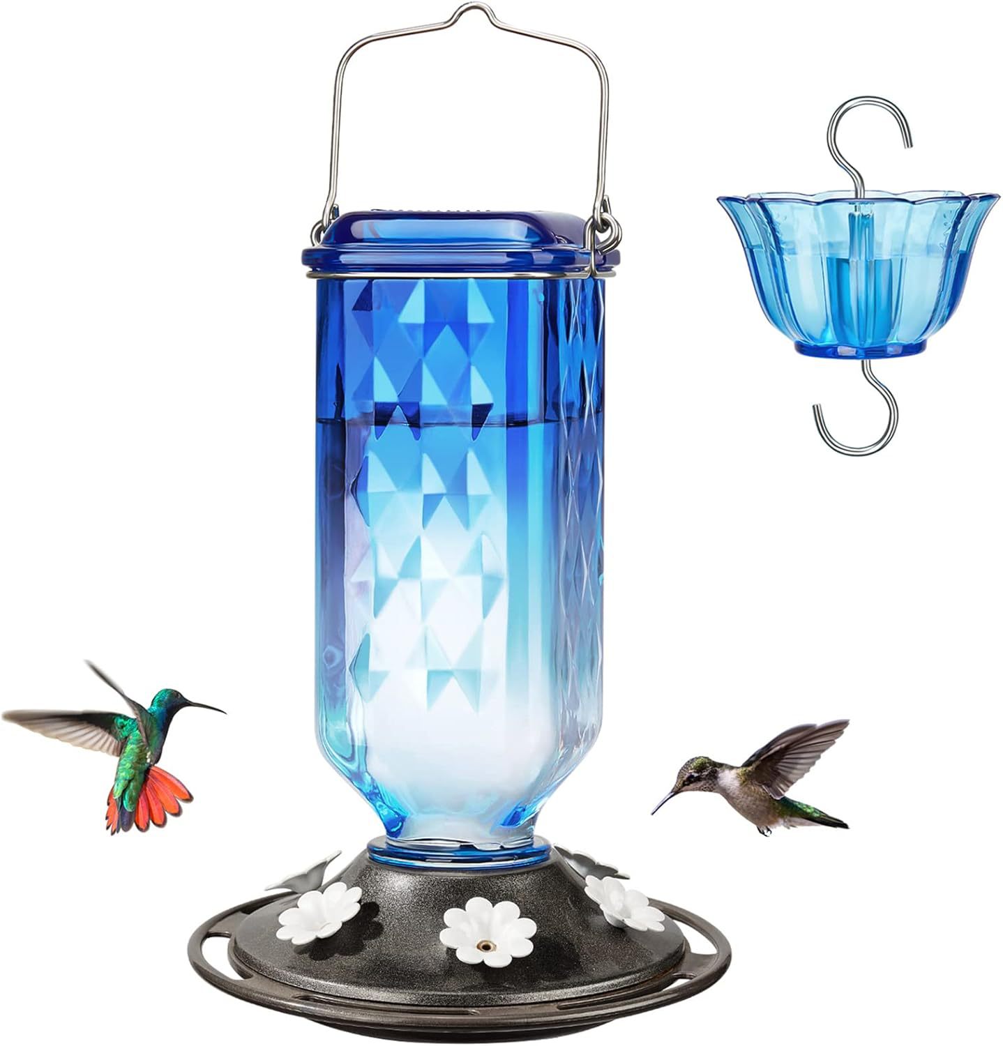 Elegant Blue Hanging Hummingbird Feeder - Decorative Plastic Nectar Bottle with Ant Moat