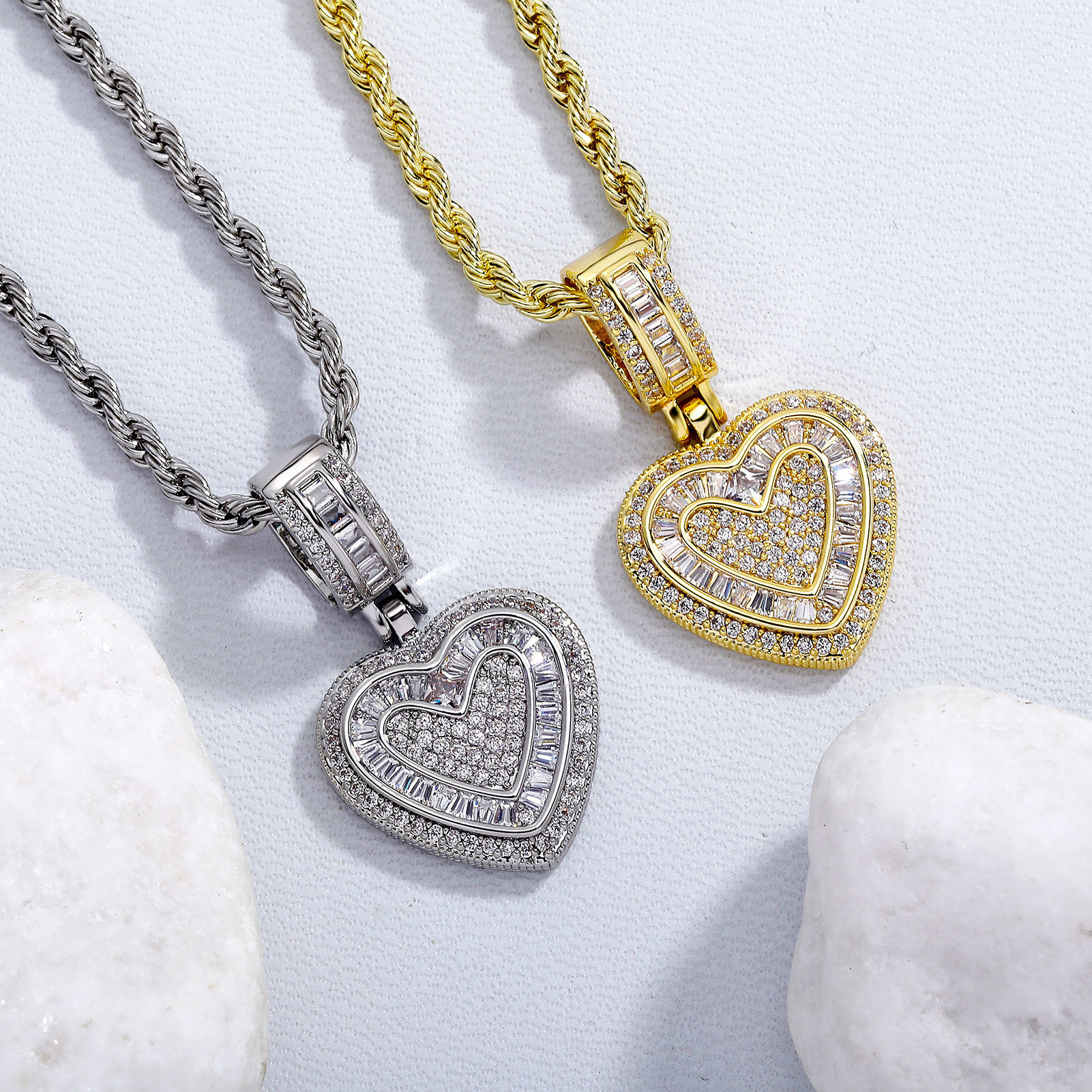 Gold Iced Out Heart Pendant Necklace with Rope Chain - Image 2