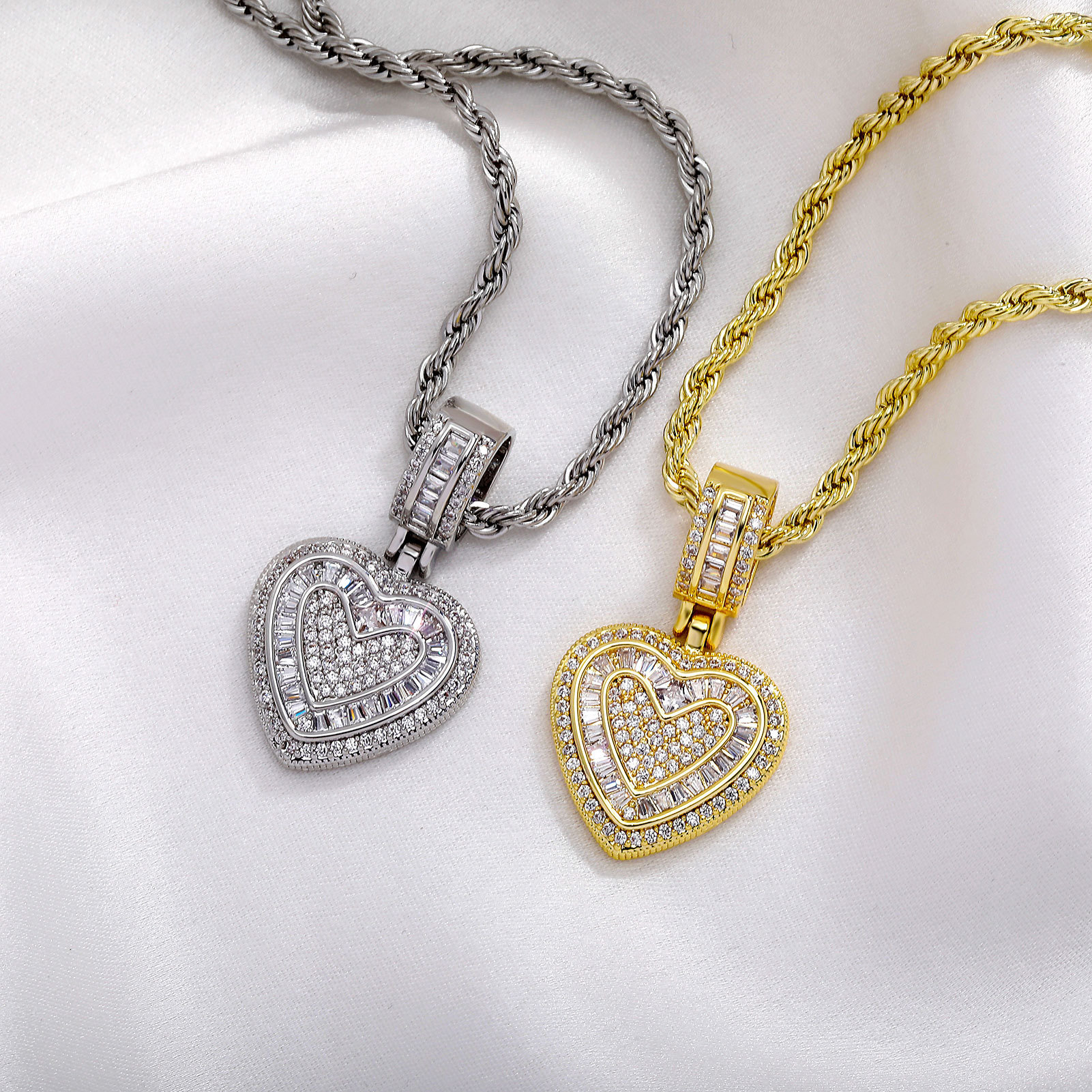 Gold Iced Out Heart Pendant Necklace with Rope Chain - Image 3