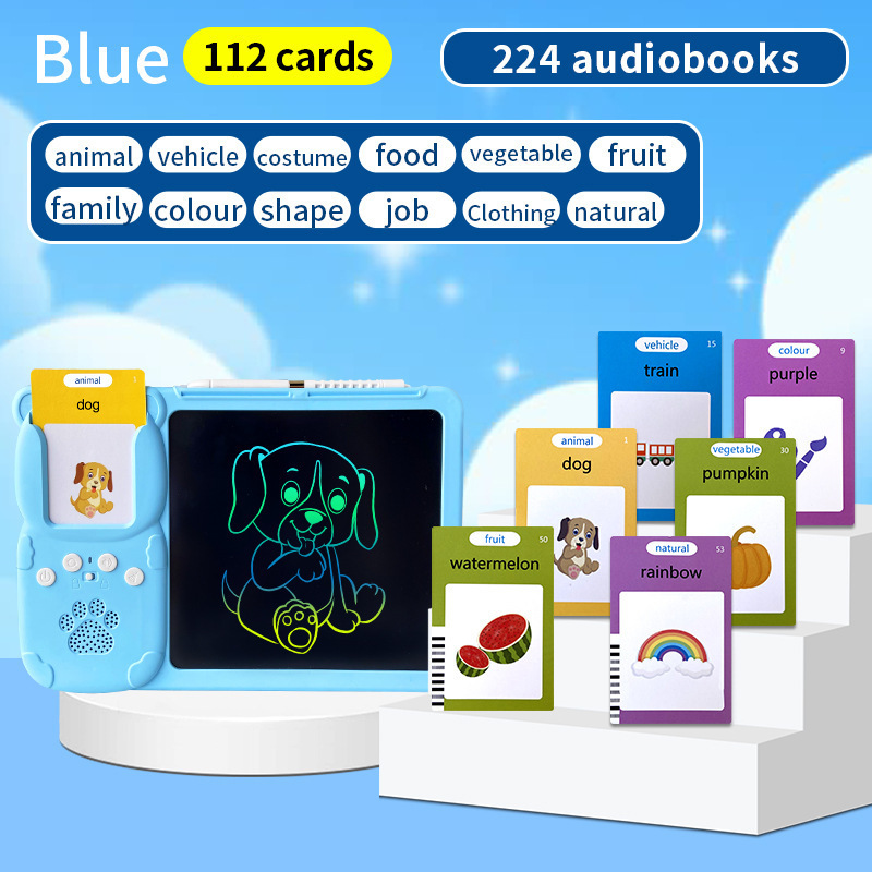 Blue (112 Cards, Pure English) Kids Interactive Early Education Toy: Card Reader & LCD Drawing Board