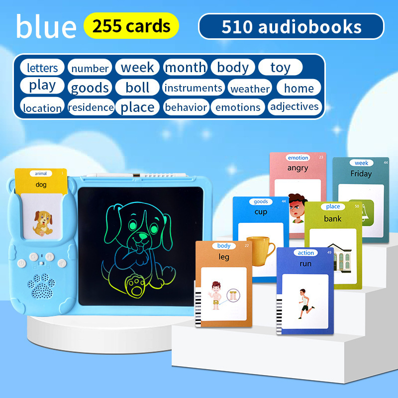 Blue (255 Cards, Pure English) Kids Interactive Early Education Toy: Card Reader & LCD Drawing Board