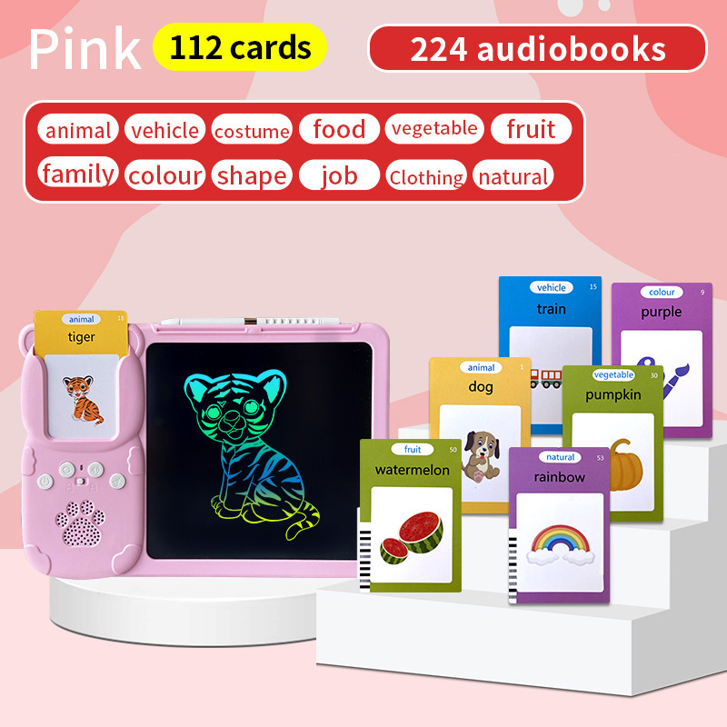 Pink (112 Cards, Pure English) Kids Interactive Early Education Toy: Card Reader & LCD Drawing Board