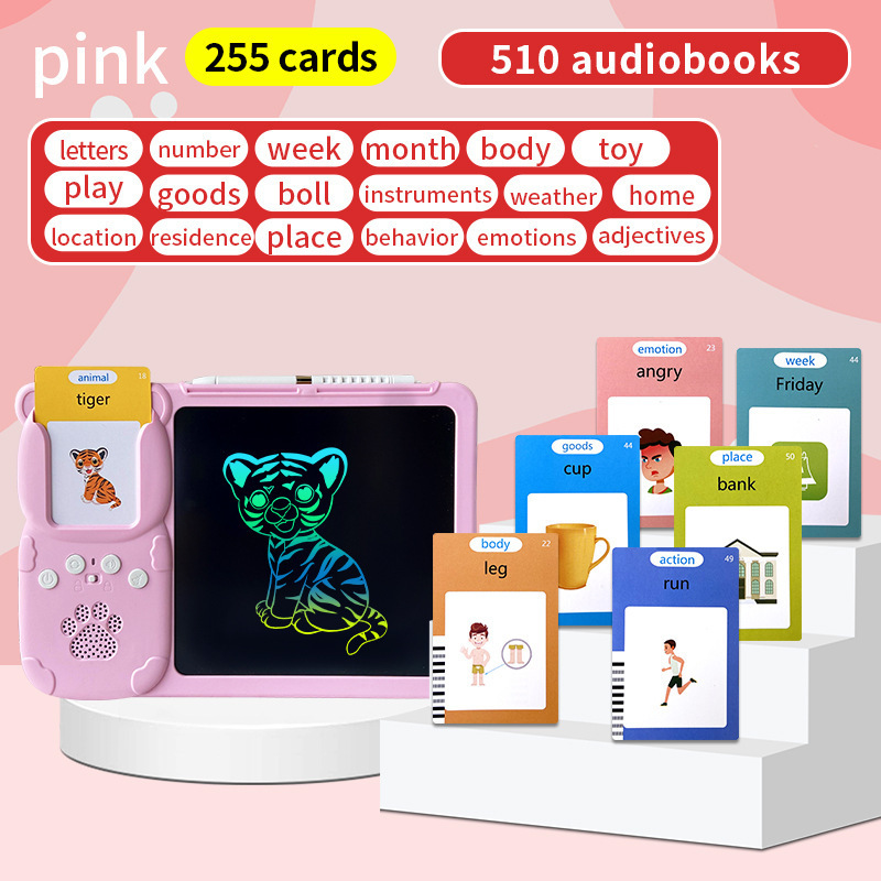 Pink (255 Cards, Pure English) Kids Interactive Early Education Toy: Card Reader & LCD Drawing Board