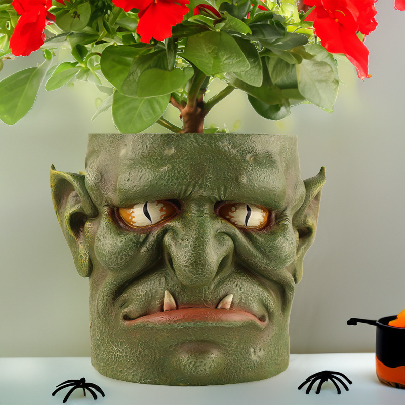 Green Unique Goblin Head Planter Pot Resin Style 1