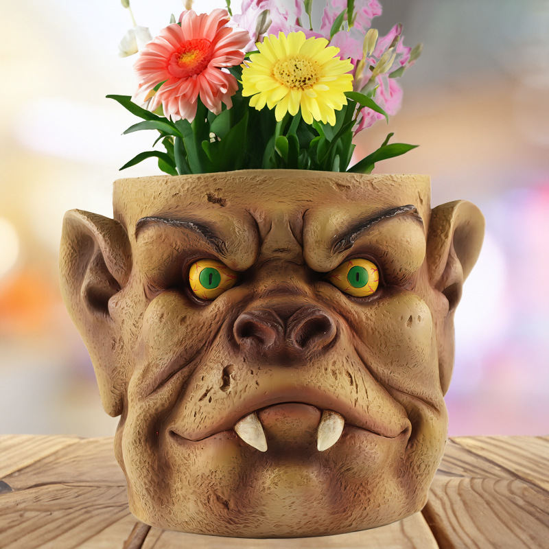 Brown Unique Goblin Head Planter Pot Resin Style 2