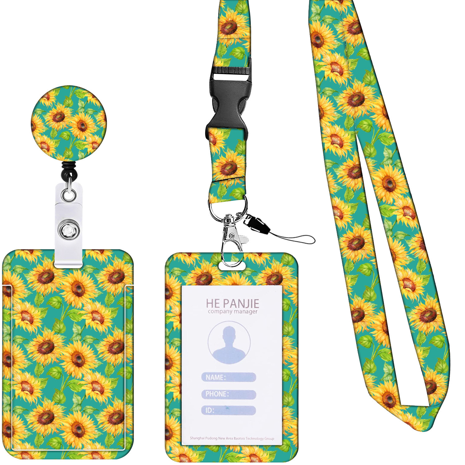 2-Pack Green Sunflowers Retractable ID Badge Reel Set - Style 2