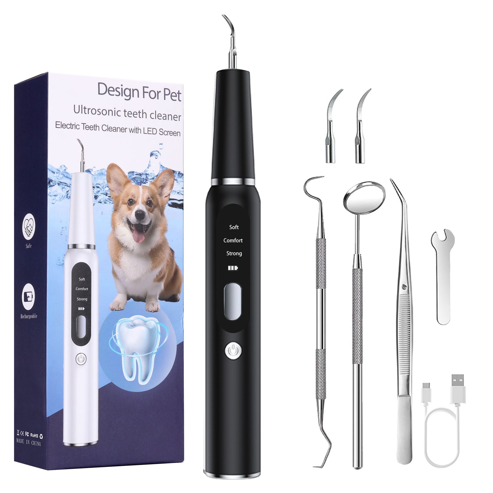 Black Professional Pet Dental Cleaning Kit with Ultrasonic Scaler