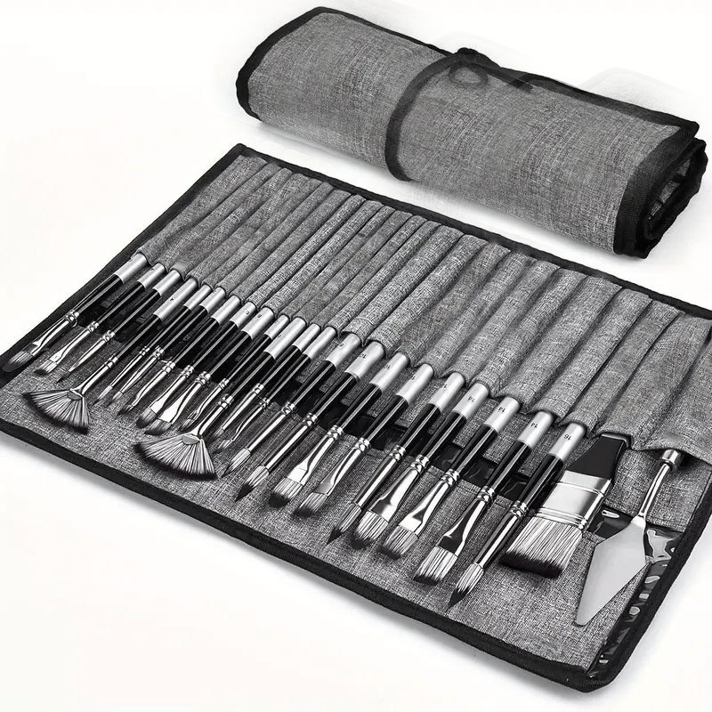 24pc Artist Paint Brush Set With Canvas Roll Up Case