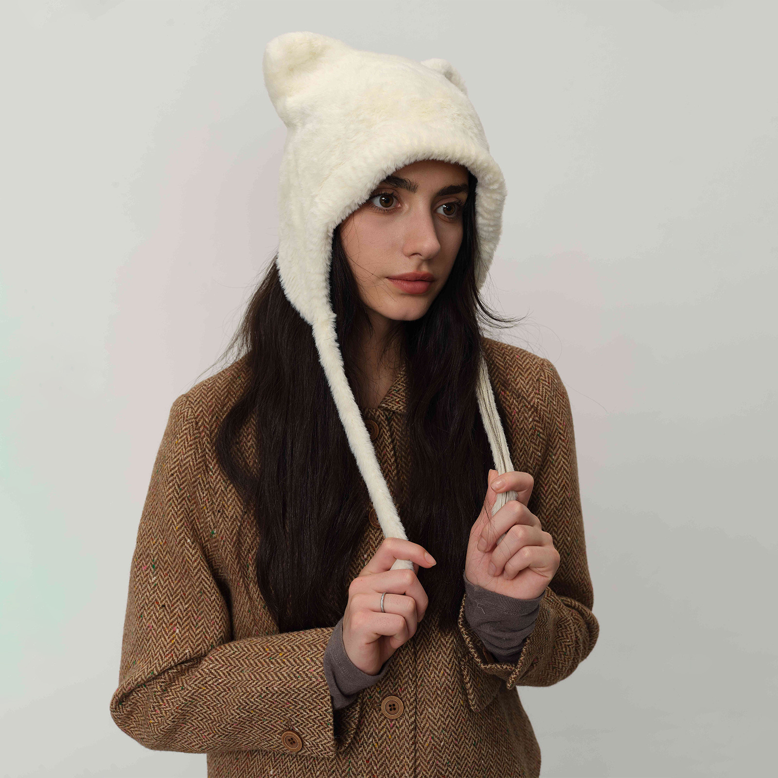 White Fluffy Cat Ear Winter Earflap Hat