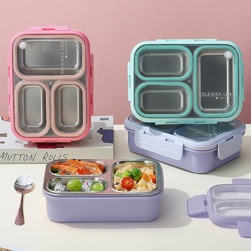Purple 3-Compartment Stainless Steel Leak-Proof Bento Lunch Box for Kids and Adults - Image 3