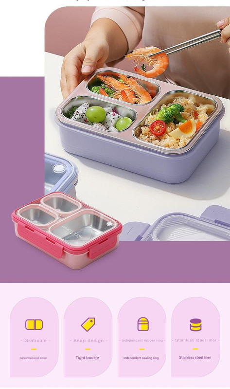 Purple 3-Compartment Stainless Steel Leak-Proof Bento Lunch Box for Kids and Adults - Image 4