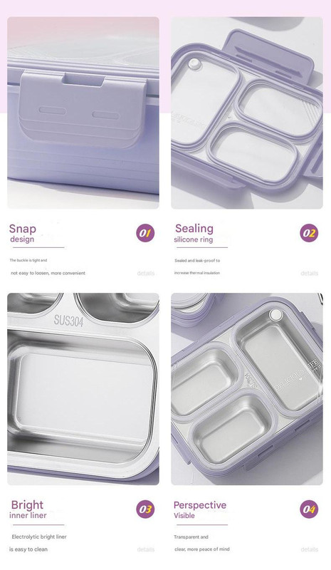 Purple 3-Compartment Stainless Steel Leak-Proof Bento Lunch Box for Kids and Adults - Image 5