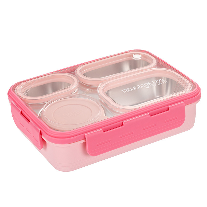 Pink 3-Compartment Stainless Steel Leak-Proof Bento Lunch Box for Kids and Adults