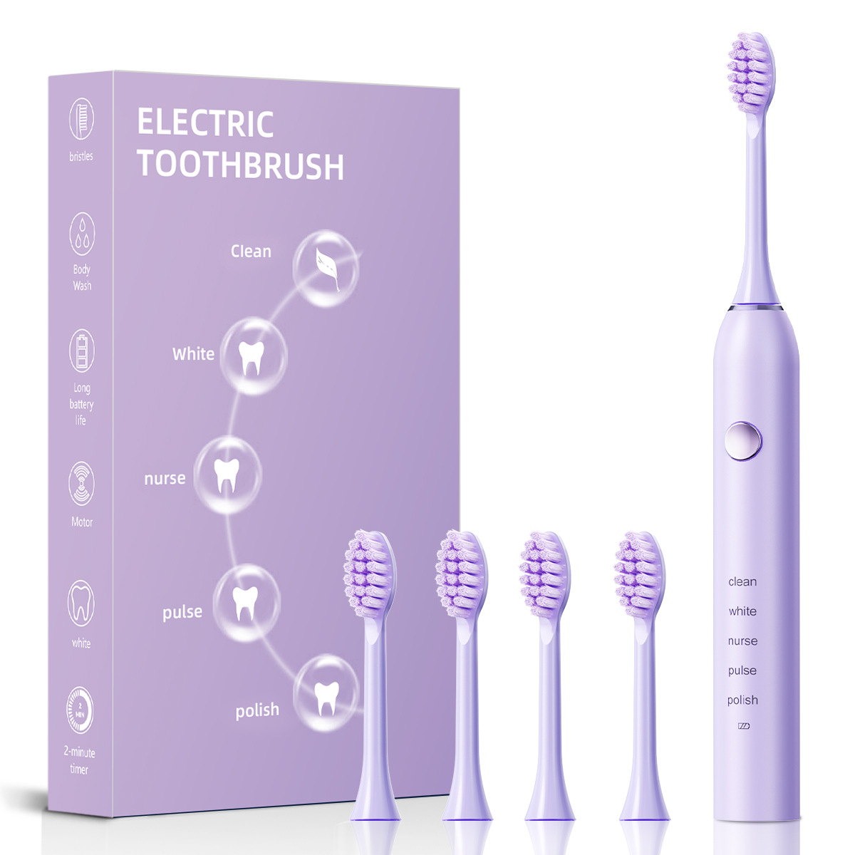 Purple Advanced Sonic Toothbrush with 5 Cleaning Modes, 2-Min Timer and 4 Brush Heads