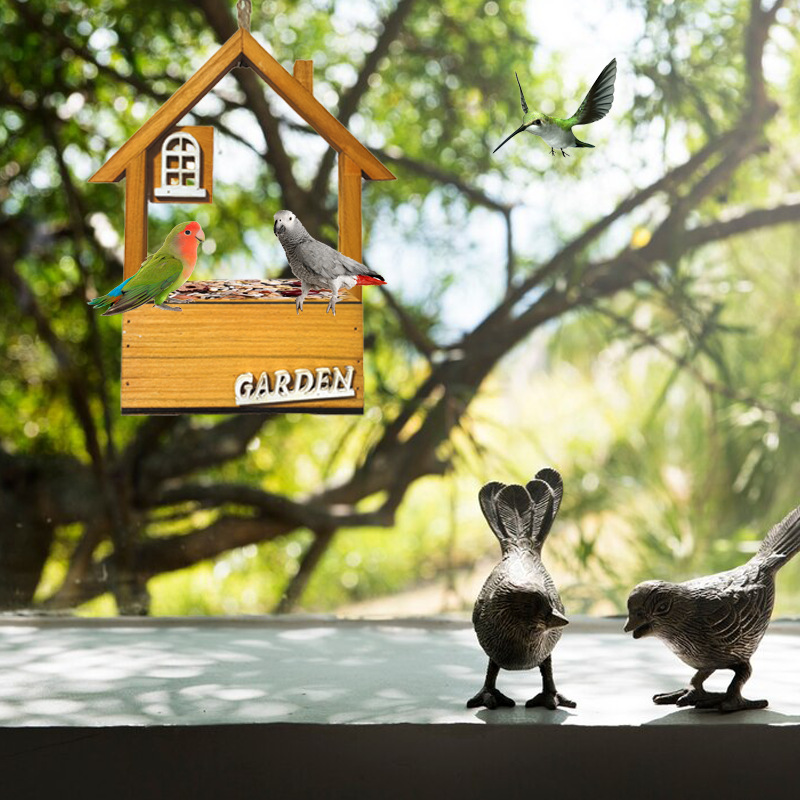 Yellow Charming Wooden House Hanging Bird Feeder - Image 4