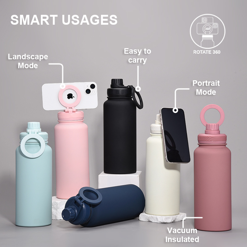 Matcha Green 1L Stainless Steel Water Bottle with Magnetic Phone Holder Lid - Image 2