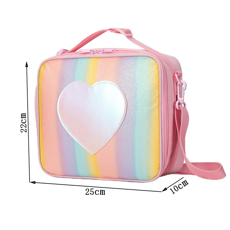 Blue Sparkling Rainbow Heart Insulated Kids Lunch Bag with Shoulder Strap - Image 3