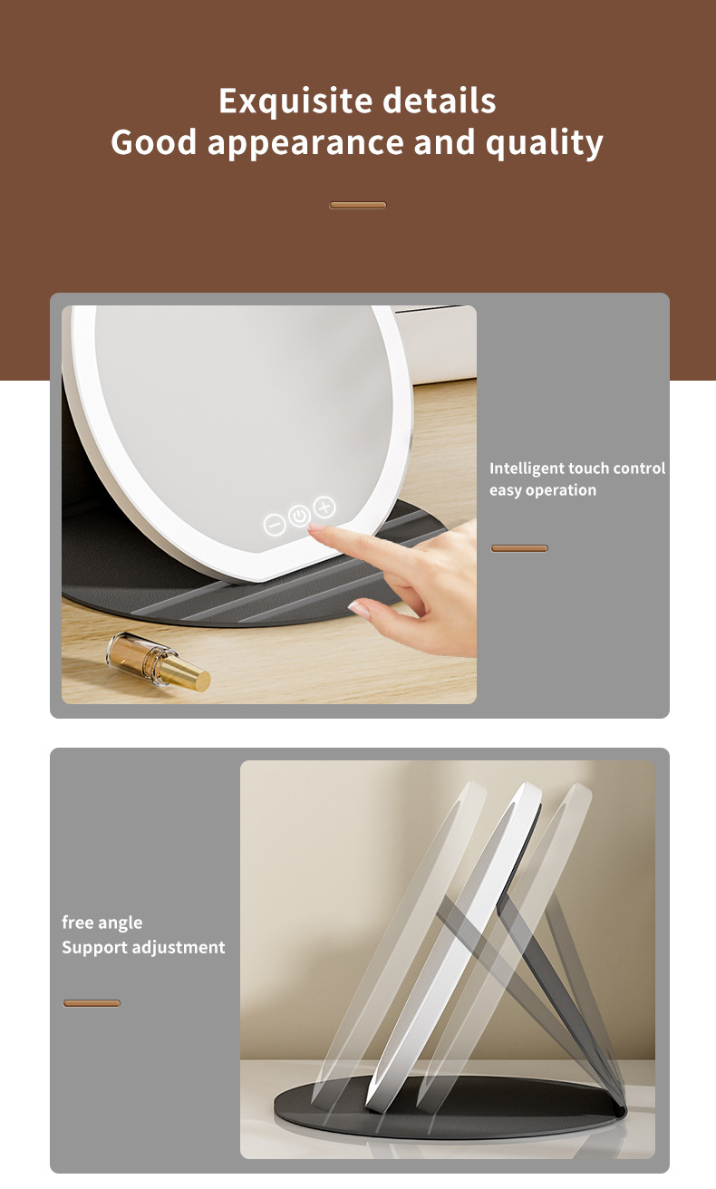 White Large Round Foldable LED Makeup Mirror 22cm Desktop Vanity - Image 7
