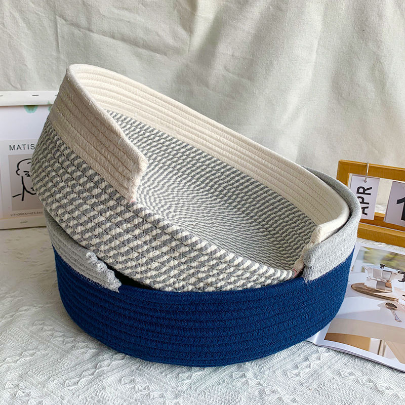 Grey and White Chic Two-Tone Woven Cotton Rope Cat Bed and Storage Basket - Image 2