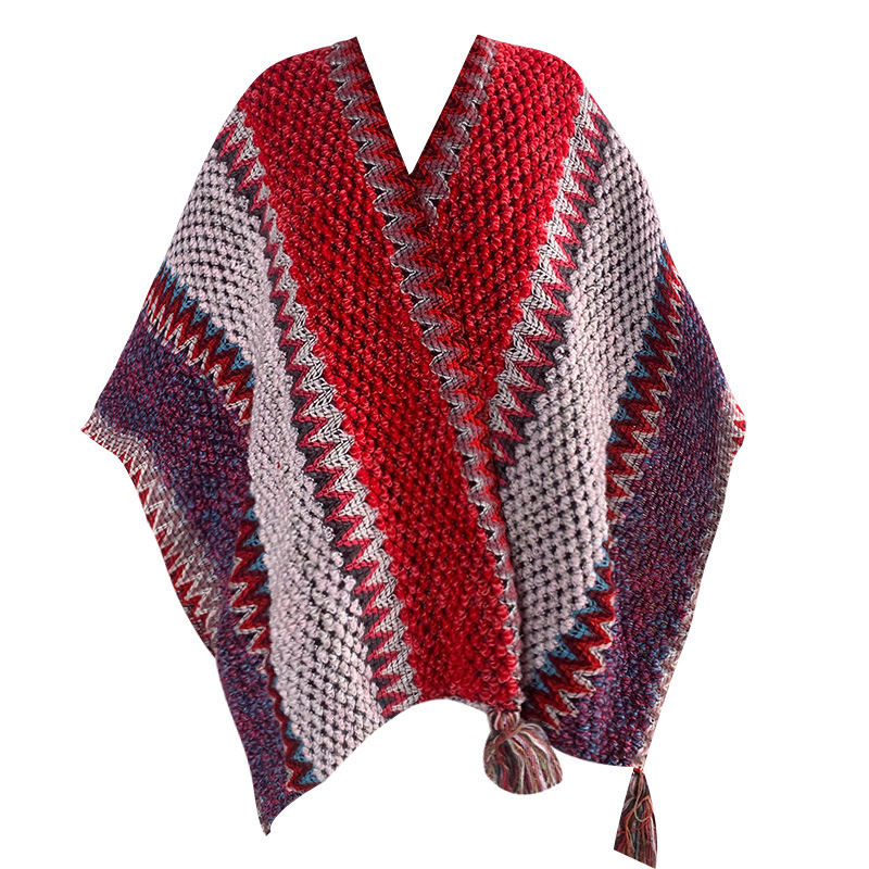 Cozy Mohair Blend Knitted Poncho Cape Shawl 106x135cm - Red