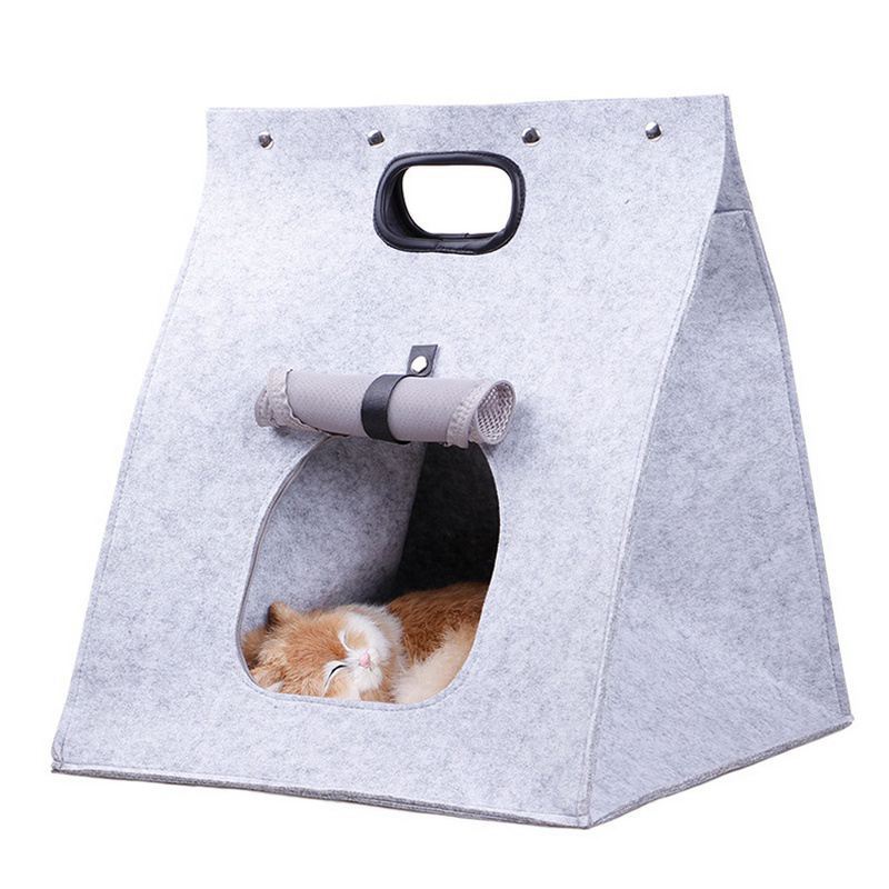 Grey Cozy A-Frame Felt Pet Teepee Foldable Cat Cave Bed with Handle