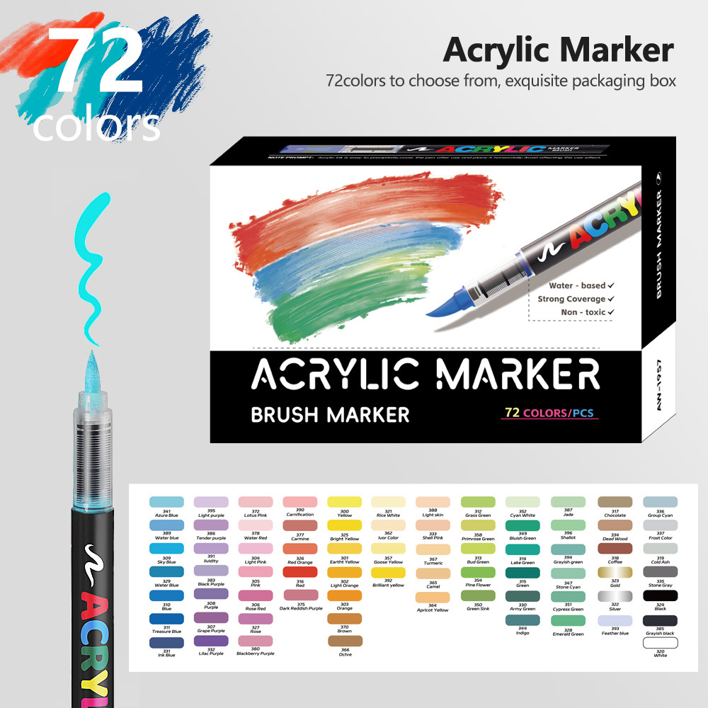 72 Colour Set Vibrant Cyan Acrylic Marker Soft Brush Tip 13.8cm