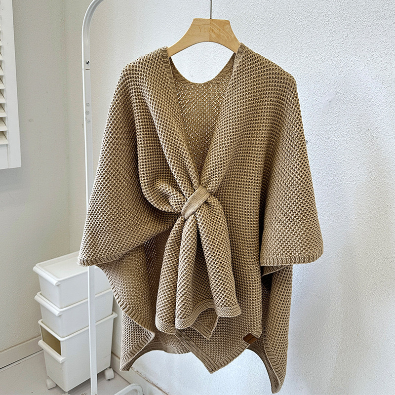 Camel-Hair Color Luxurious Faux Cashmere Buckled Cape Shawl