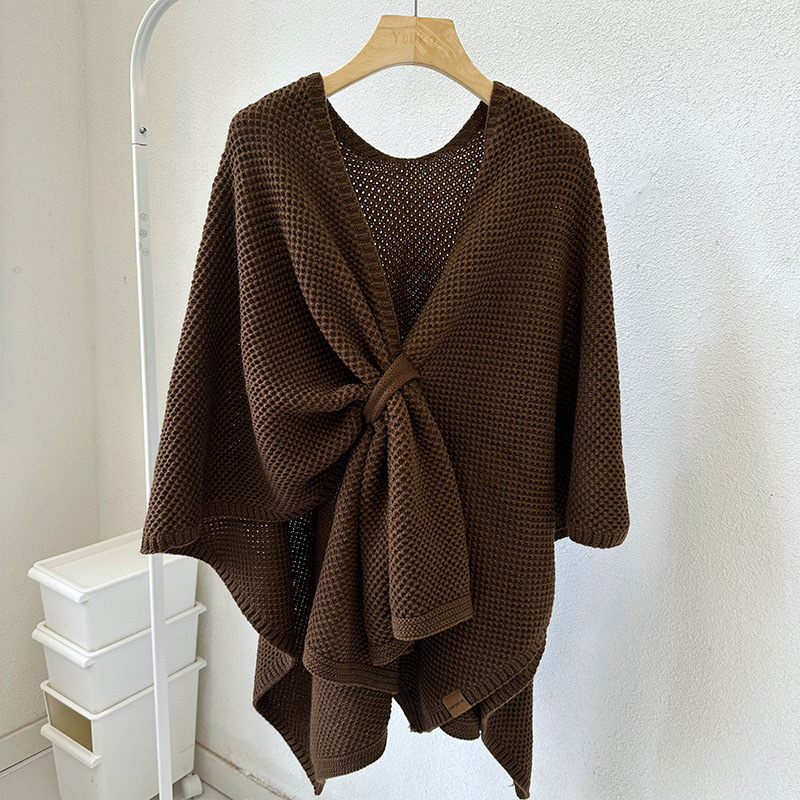 Coffee Brown Luxurious Faux Cashmere Buckled Cape Shawl