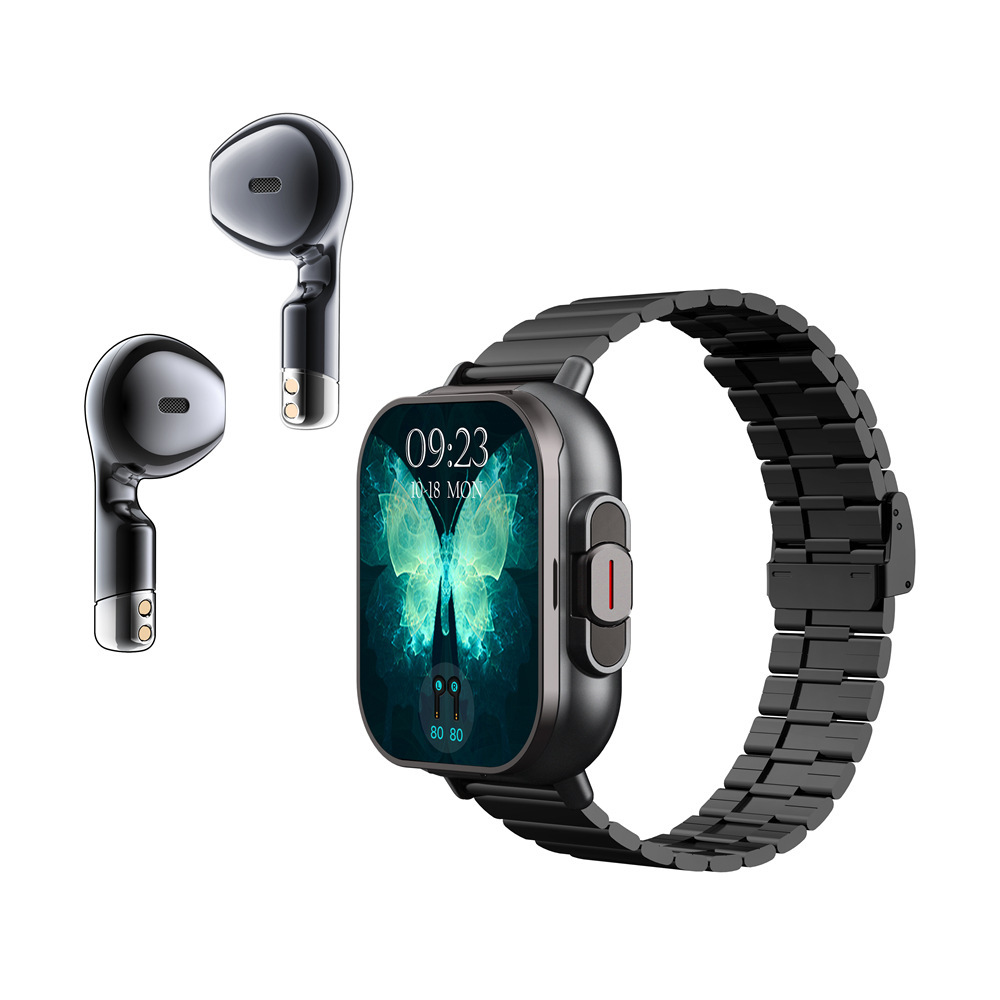 Black Steel 2-in-1 Bluetooth Smartwatch with Integrated Earbuds