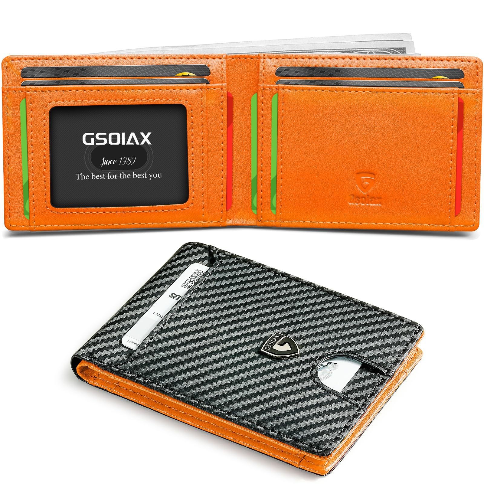 Men's Slim Leather Bifold Wallet with RFID Blocking (Orange)