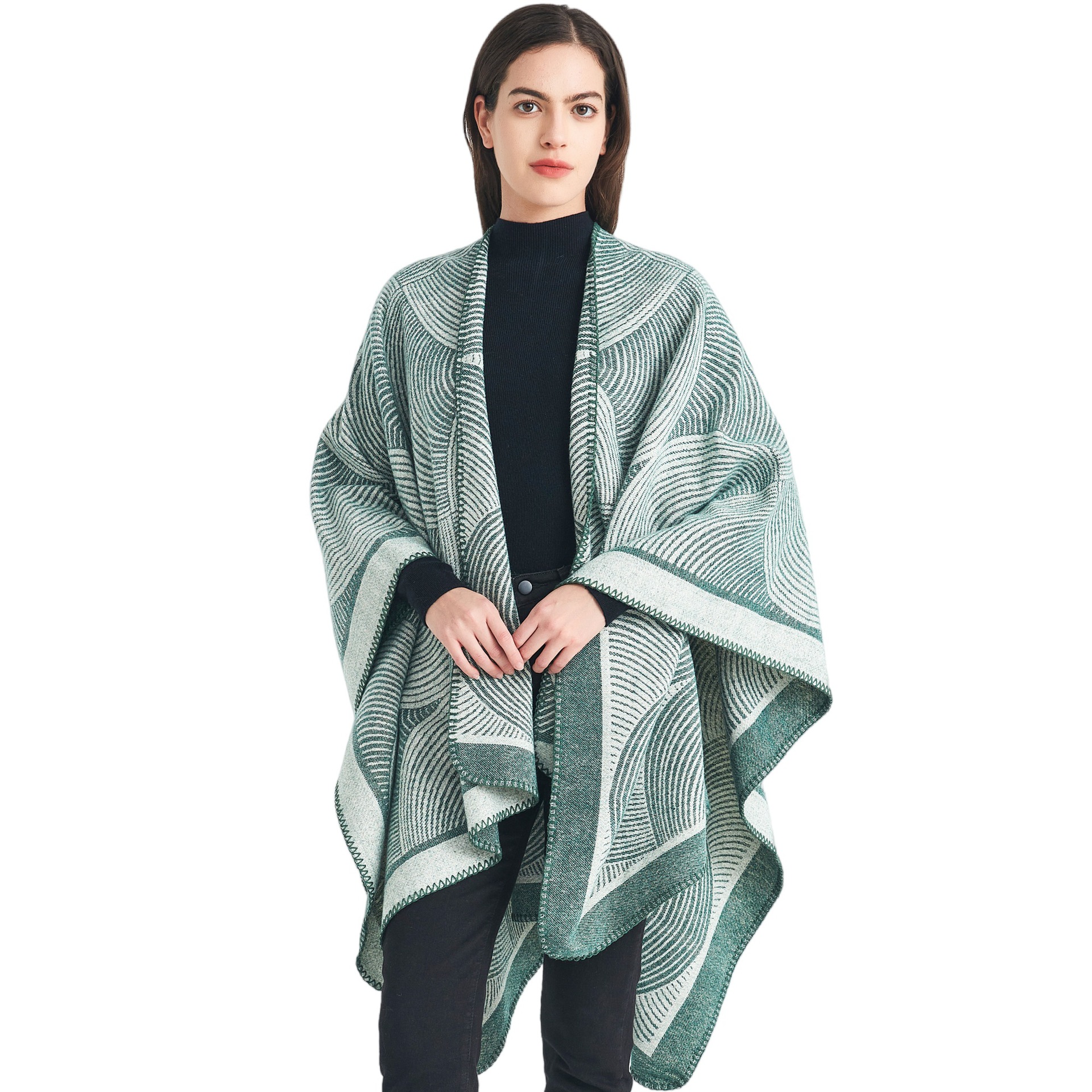Green Geometric Print Cozy Knit Poncho for Women 165x130 cm