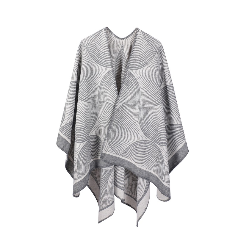 Grey Geometric Print Cozy Knit Poncho for Women 165x130 cm