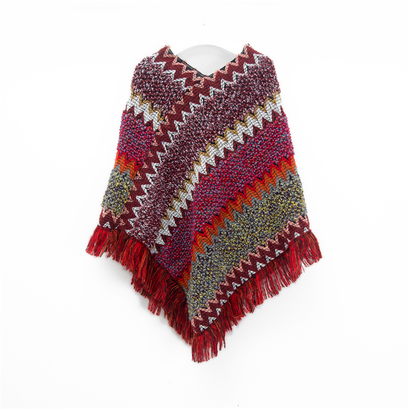 Wine Red Lightweight Chevron Knit Poncho Fringed Shawl Wrap