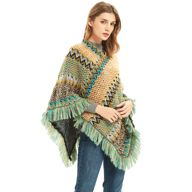 Light Yellow-Green Lightweight Chevron Knit Poncho Shawl