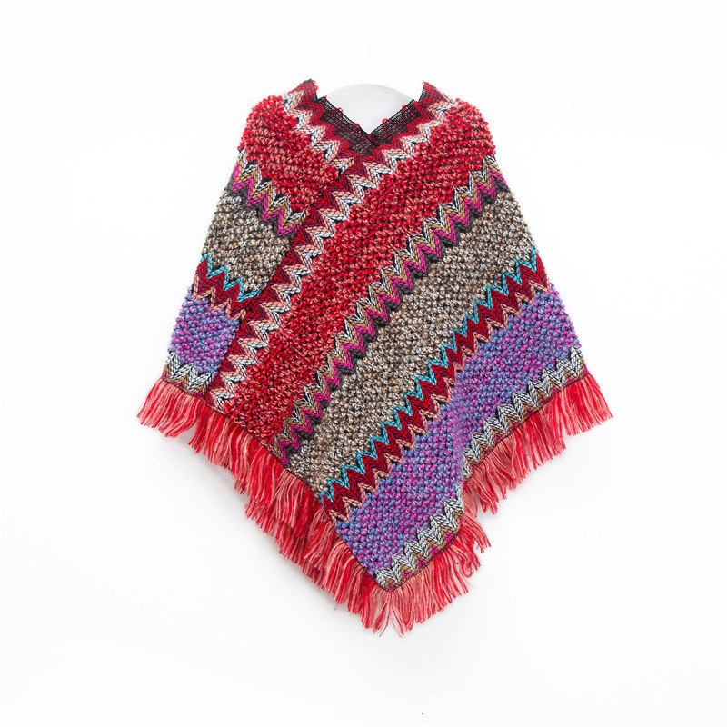 Red Lightweight Chevron Knit Poncho Fringed Shawl Wrap
