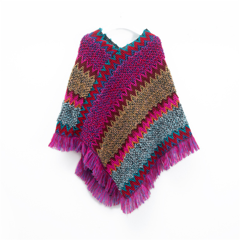 Rose Red Lightweight Chevron Knit Poncho Fringed Shawl Wrap
