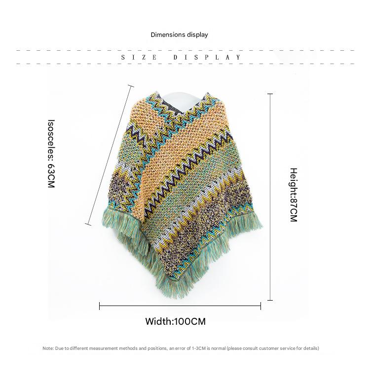 Rose Red Lightweight Chevron Knit Poncho Fringed Shawl Wrap - Image 2