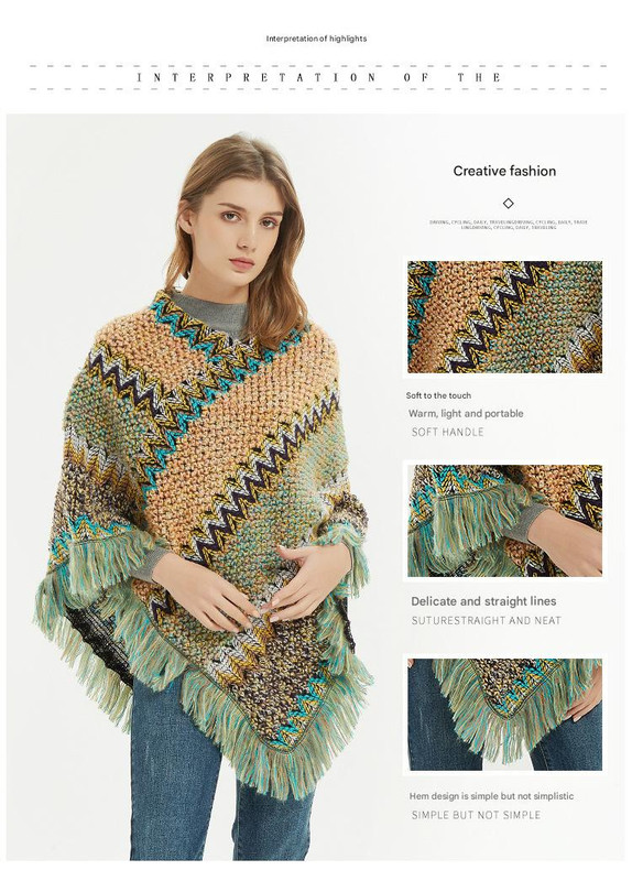 Blue Lightweight Chevron Knit Poncho Fringed Shawl Wrap - Image 3